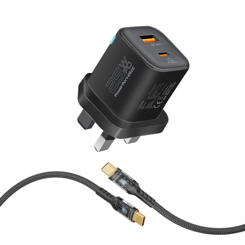 Promate PowerPort-25CC 25W Dual Port Adapter Combo with 60W Fast Charging USB-C Cable Price in Kenya-001-Mobilehub Kenya
